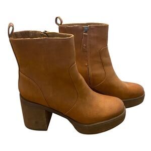 Zodiac Cognac Brown Leather Platform Ankle Boots Block Heel Zip Size 9 Chunky
